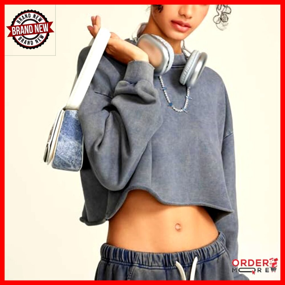 Vintage Cropped Pullover Sweatshirt Long Sleeve Acid Wash Hoodie - Picture 6 of 7